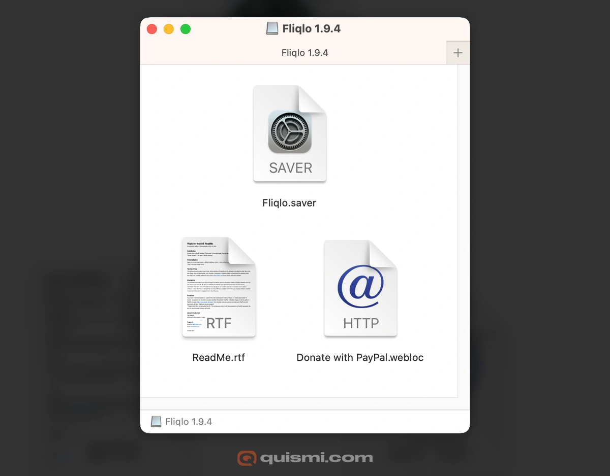 Mac folder showing Fliqlo flip clock screensaver installation files options.