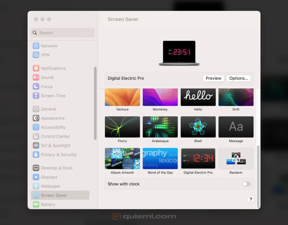 macOS Screen Saver Settings with Digital Electric Pro Selected