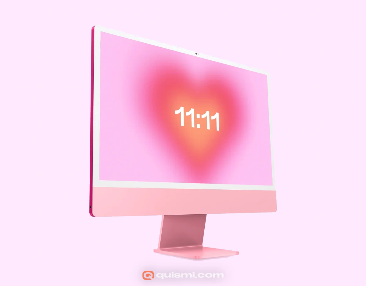 Pink iMac showing "Aura Clock" screensaver with a gradient heart background and the time 11:11.