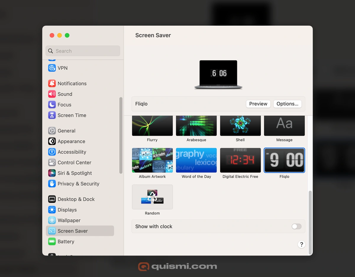 System Preferences window with Fliqlo selected in screensaver list.