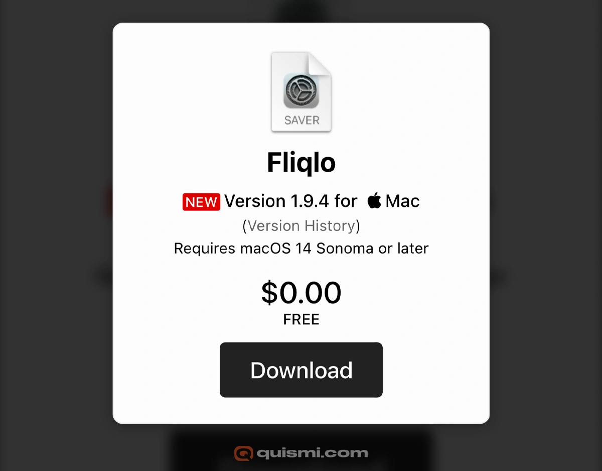 Screenshot of Fliqlo for Mac download page showing download button.