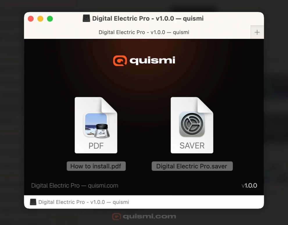 Mac installer window for "Digital Electric Pro" screensaver, showing PDF instructions and the .saver file.