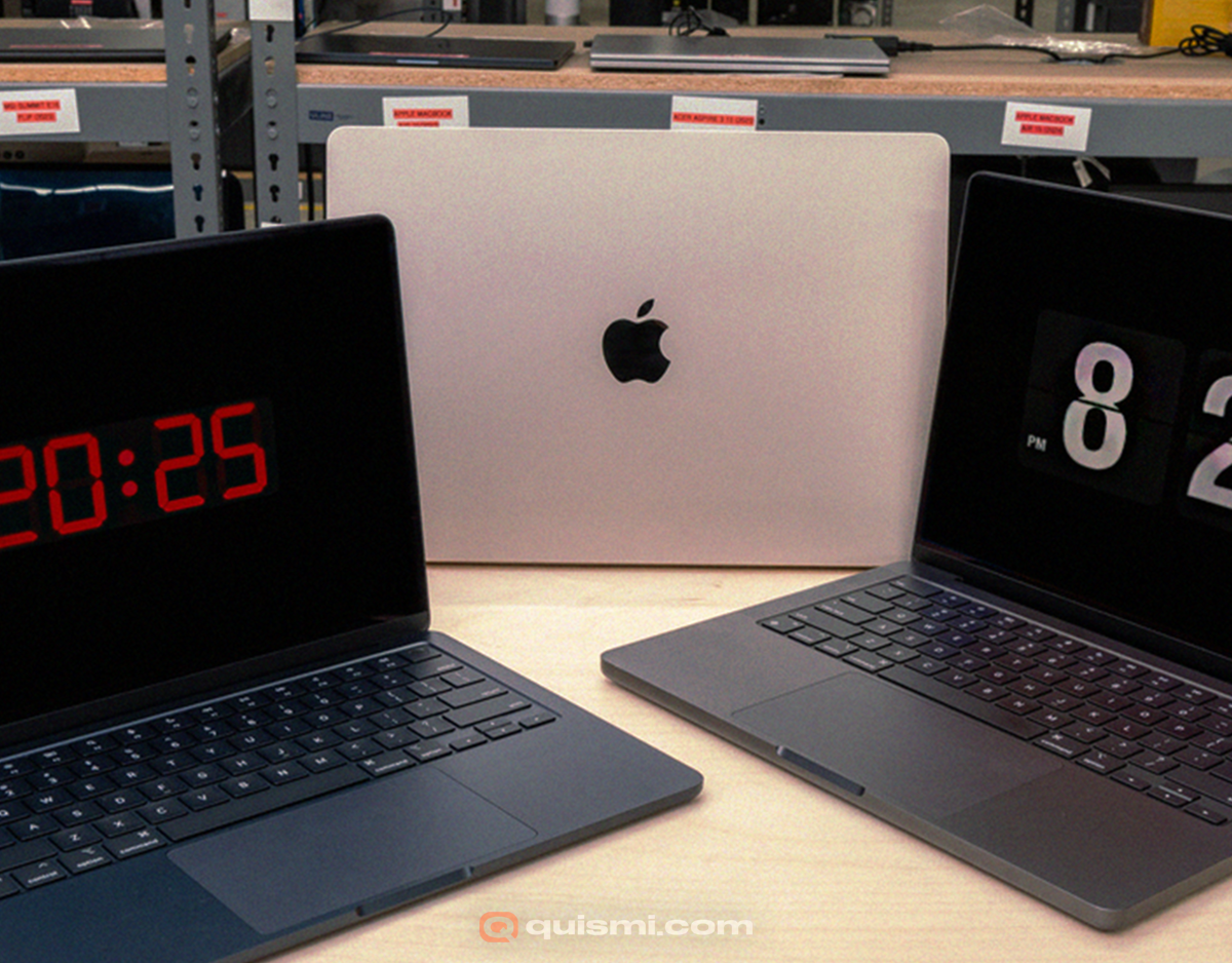 Two panel comparison showing clock and minimal screensaver styles on MacBook Pro screens.