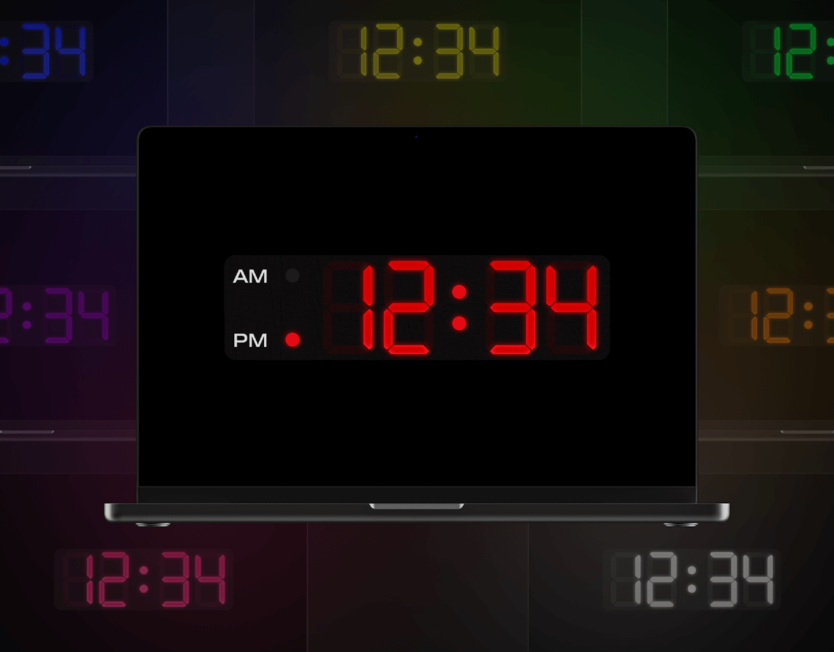 Digital Electric Pro Screensaver in Multicolor Mode showing the time 12:34 with a vibrant digital clock design.