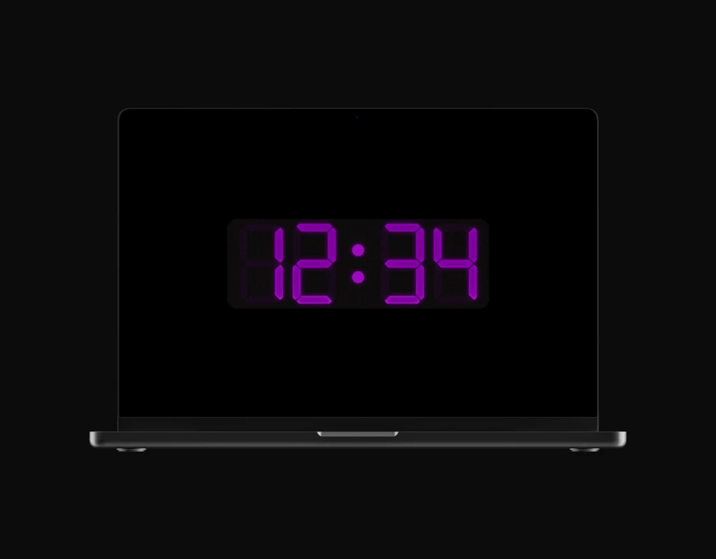 Digital Electric Screensaver in Cosmic Violet color showing the time 12:34 with a digital clock design.